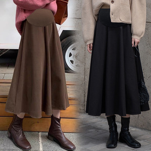 in stock maternity woolen 2024 new skirt autumn and winter wear high waist thin long A- line skirt
