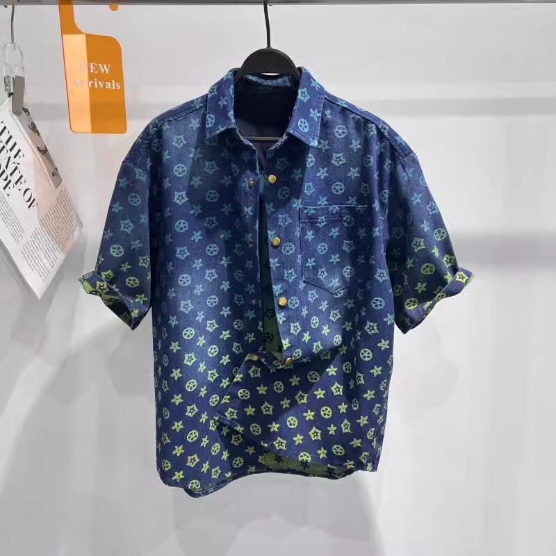 2025 Men's Summer New Fashion Brand Men's Shirt Fashion Loose Gradient Rainbow Old Flower Denim Short Sleeve Shirt for Men 2025 Men's Summer New Fashion Brand Men's Shirt Fashion Loose Gradient Rainbow Old Flower Denim Short Sleeve Shirt for Men
