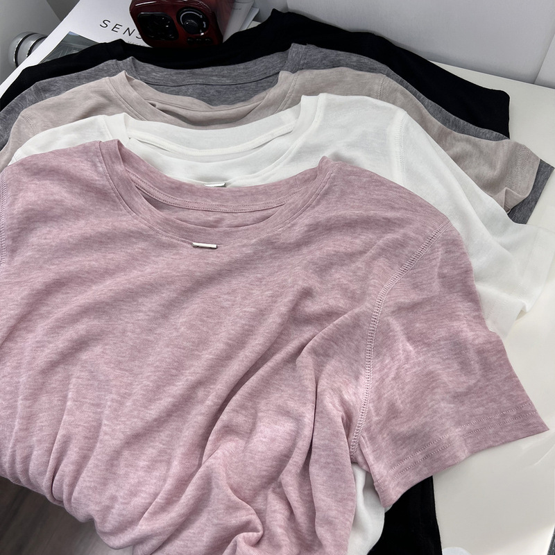 Brand foreign trade ~ cut label counter light soft short sleeve T-shirt women's summer loose gentle solid color round neck cool coat