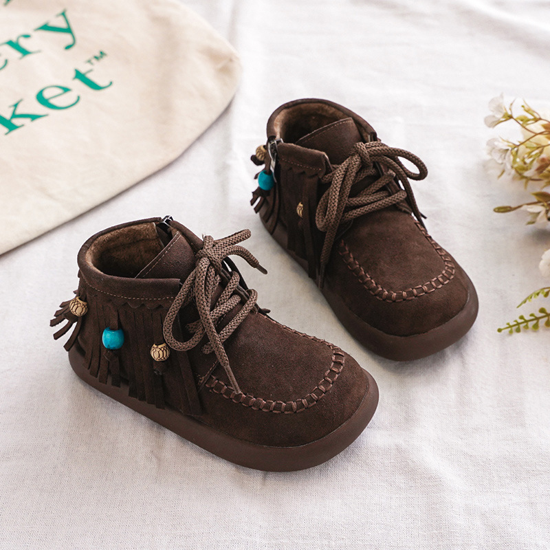 Girls' Leather Boots Autumn and Winter New Style Low-Cut Beaded Martin Boots Korean Style Girls' Fashionable Retro Casual Short Boots