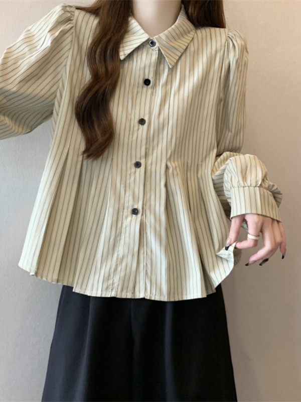 大码娃娃衫条纹衬衫女秋季微胖mm显瘦遮肚子长袖上衣欧货别致小衫|undefined