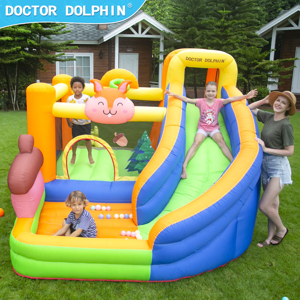 Castillo inflable para niños Doctor Dolphin, trampolín y tobogán con temática de ardilla, área de juegos interior, zona de juego para padres e hijos.