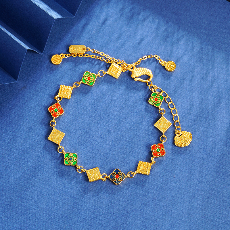 Brazalete de oro de arena de Vietnam nuevo estilo chino diamante esmalte Ping An feliz koi rosas joyerías de bloqueo fuente al por mayor