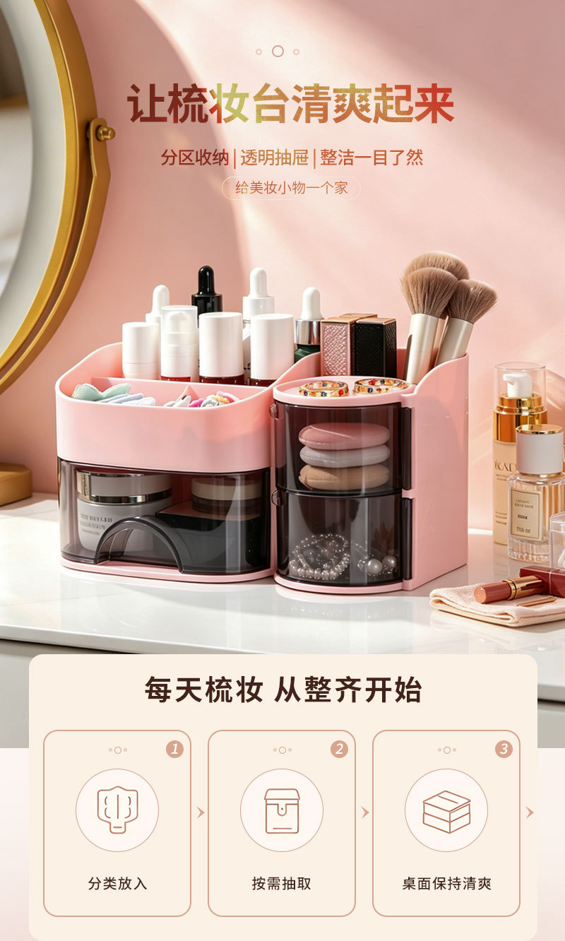 多功能抽拉化妆品收纳盒 梳妆台护肤品口红化妆刷分格置物盒