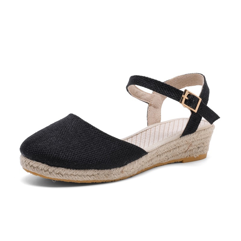 26 Summer And Autumn New Wedge Heel Women's Sandals, Old Beijing Cloth Shoes, High Heel, Solid Color Straw Woven_vogvips.com