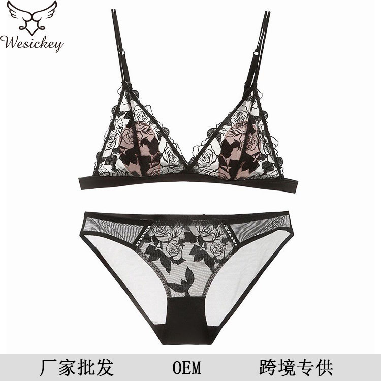 French Wire-Free Triangle Cup Underwear Sexy Lace Thin Bra Rose Embroidered Rabbit Ears Bra Set