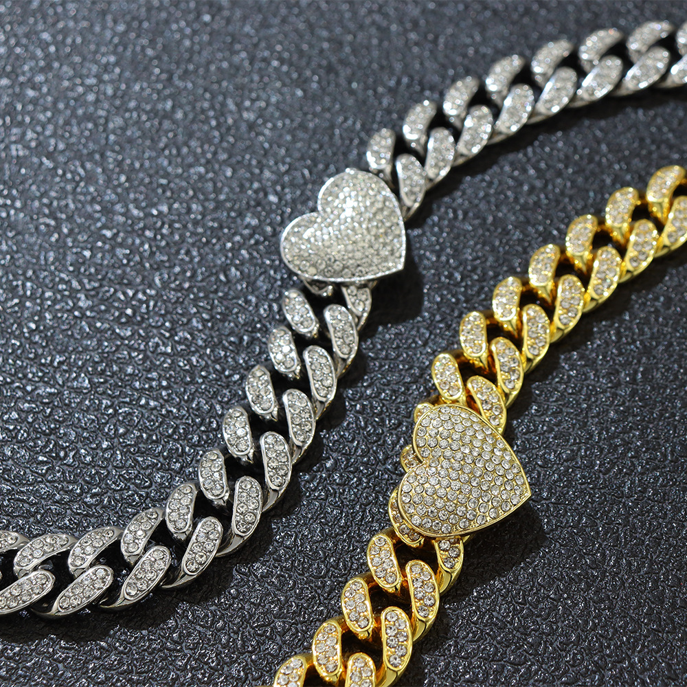 Inlay Design Cool Three-Dimensional Fully Jeweled Loving Heart Heart-Shaped Creative Cuban Link Chain Bracelet Hip Hop Style Couple Bracelet Bracelet