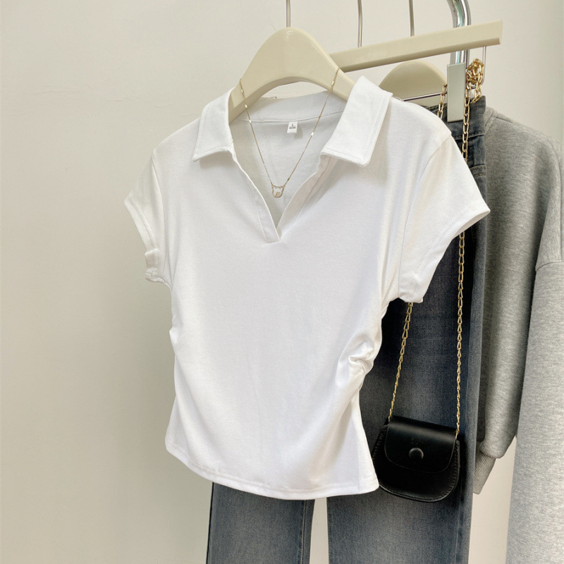 女性用半袖Tシャツ2025夏白ポロカラーラペルトップショートウエストスリムカジュアルデザイン|undefined