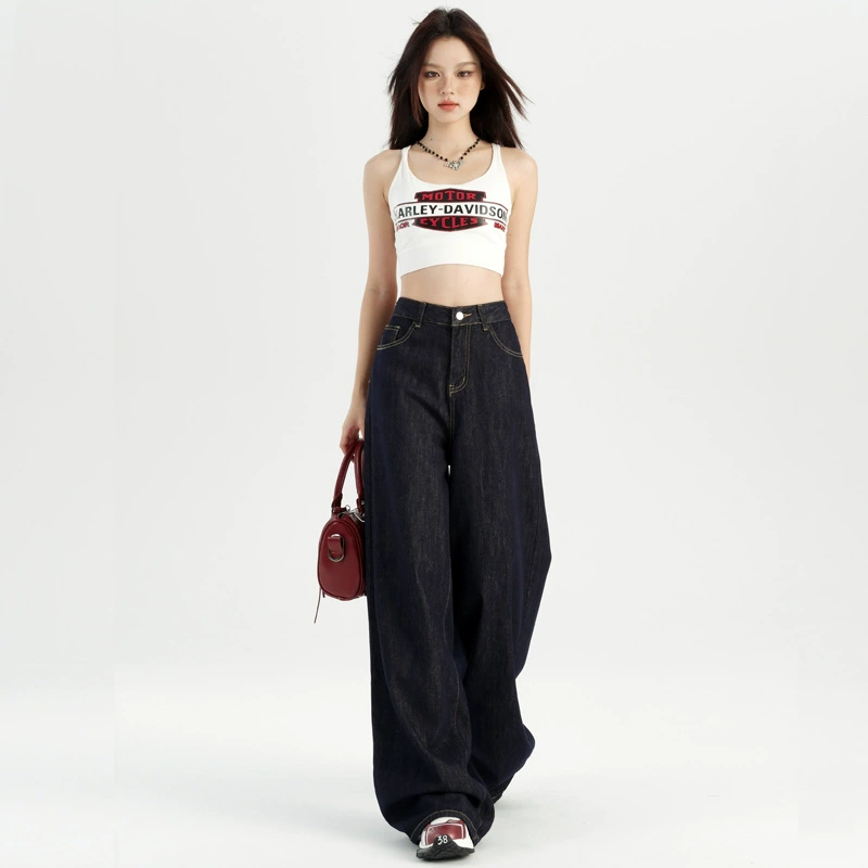 Темно-синие джинсы, осенние брюки, американский стиль, high waist, облегающие, для подростков, свободный прямой крой