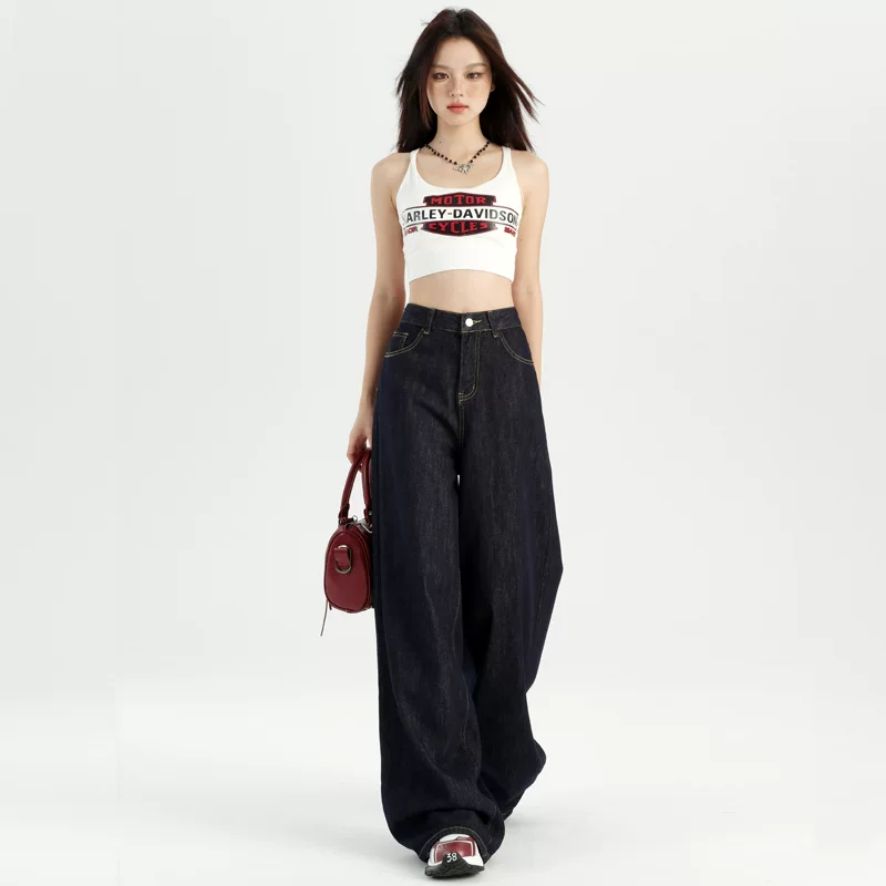 Темно-синие джинсы, осенние брюки, американский стиль, high waist, облегающие, для подростков, свободный прямой крой