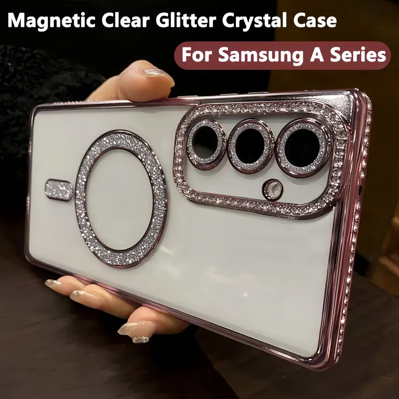 Suitable for Samsung S25 Flash Diamond Magnetic Phone Case A17 Rhinestone A56 Glitter A35 Transparent A14 Anti-Fall Protective Case