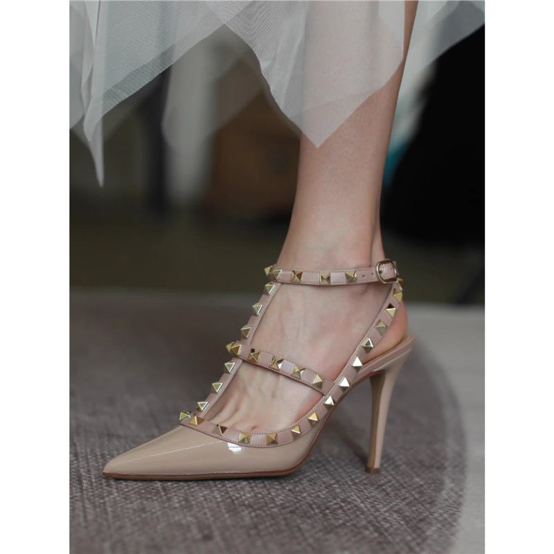 Super High Heels, Stiletto Heels, Strappy Leather Sandals, Women's Shoes, 2025 Spring and Summer New Rivet Pointed Toe High Heels
