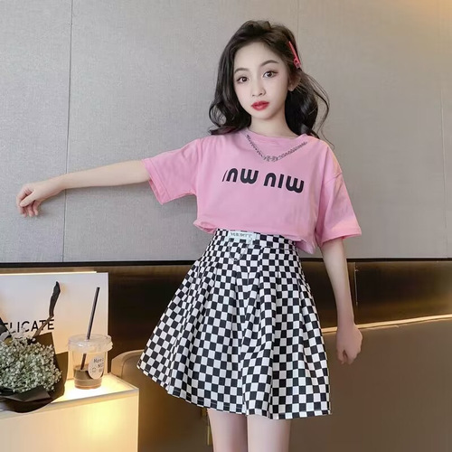 Girls summer plaid skirt suit 2023 new medium and large children's letter printed T-shirt short skirt college style two-piece set
