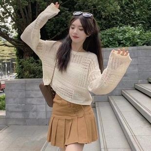 Thin Hollow Sunscreen Blouse Women's Summer Korean-style 2024 New Design Sense Loose Short Long-sleeved Sweater