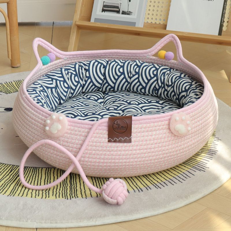 핑크 고양이 발톱 자가 치료 + 파란색 면 패드 + 파란색 베개