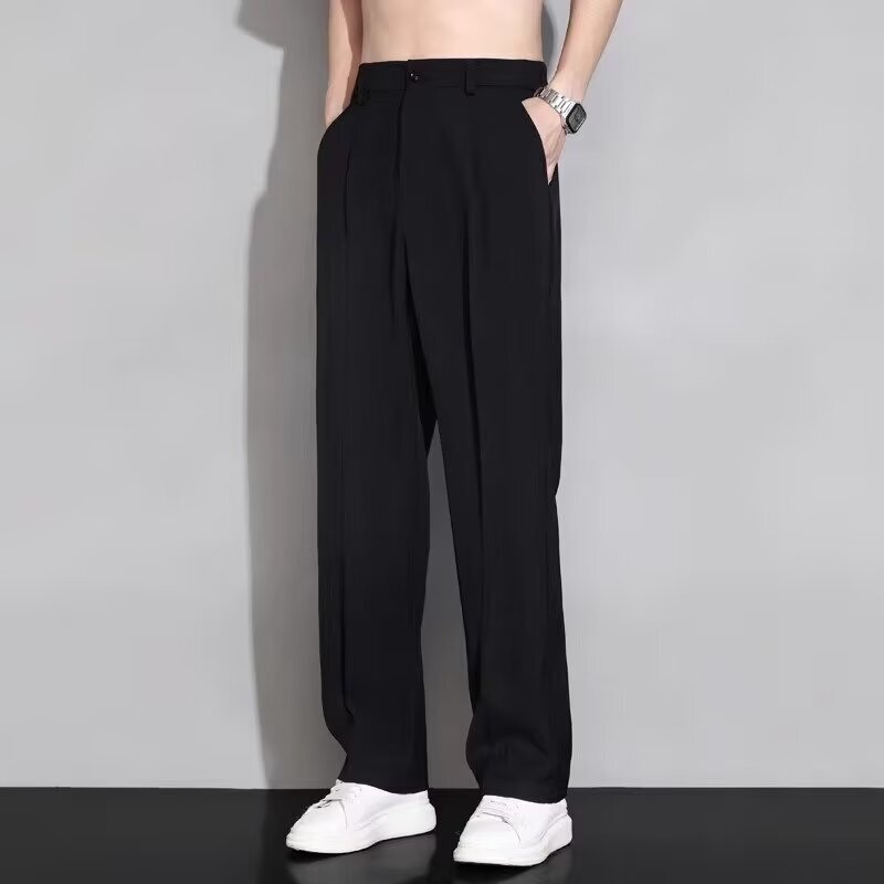 アイスシルクパンツメンズ夏薄いワイドレッグストレートルーズカジュアルパンツハイエンドドレープスーツパンツ|undefined