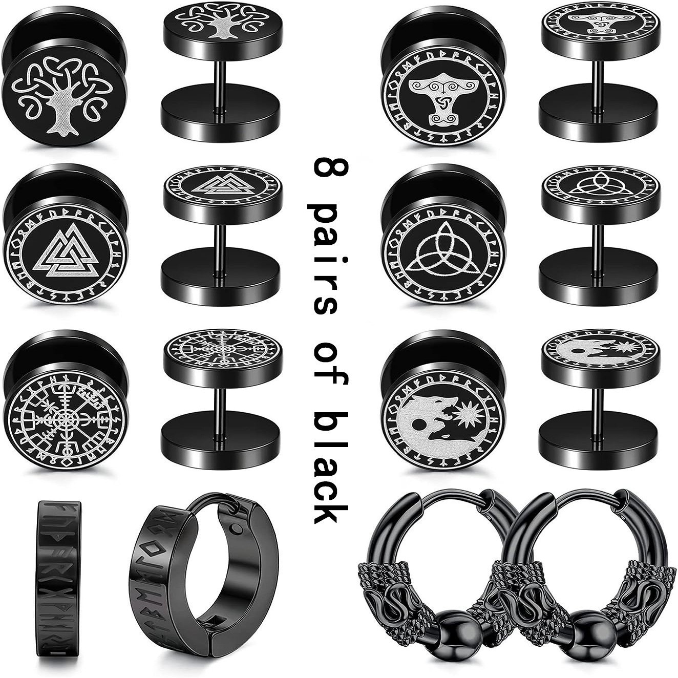 Boucles d'oreilles unisexes noires à fermoir plat, motif runique unique nordique viking, en acier inoxydable, style géométrique classique et tendance._voghion.com