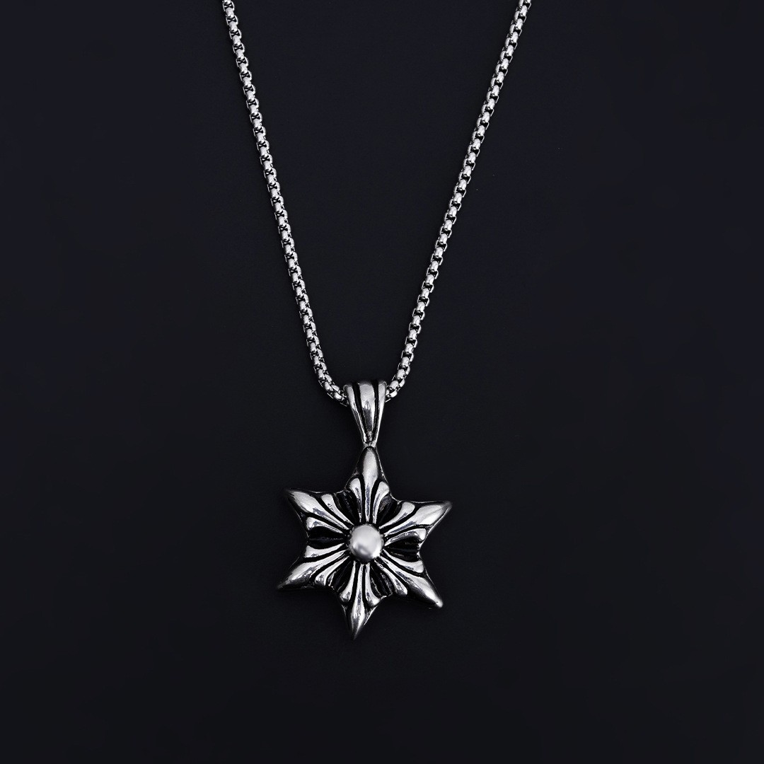 Popular Jewelry Classic Personalized Old Carved Snowflake Six Manged Star Titanium Steel Pendant Necklace_voghion.com