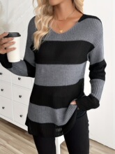 K 76051 V-Neck Striped Knit Sweater ײɫ������֯�� �羳