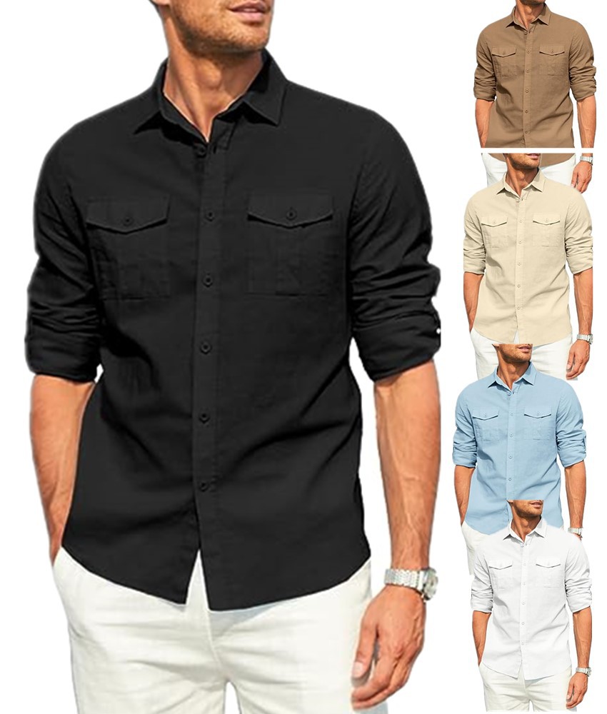 Herren Freizeithemd Langarm Baumwolle Leinen Mit Doppeltasche_voghion.com