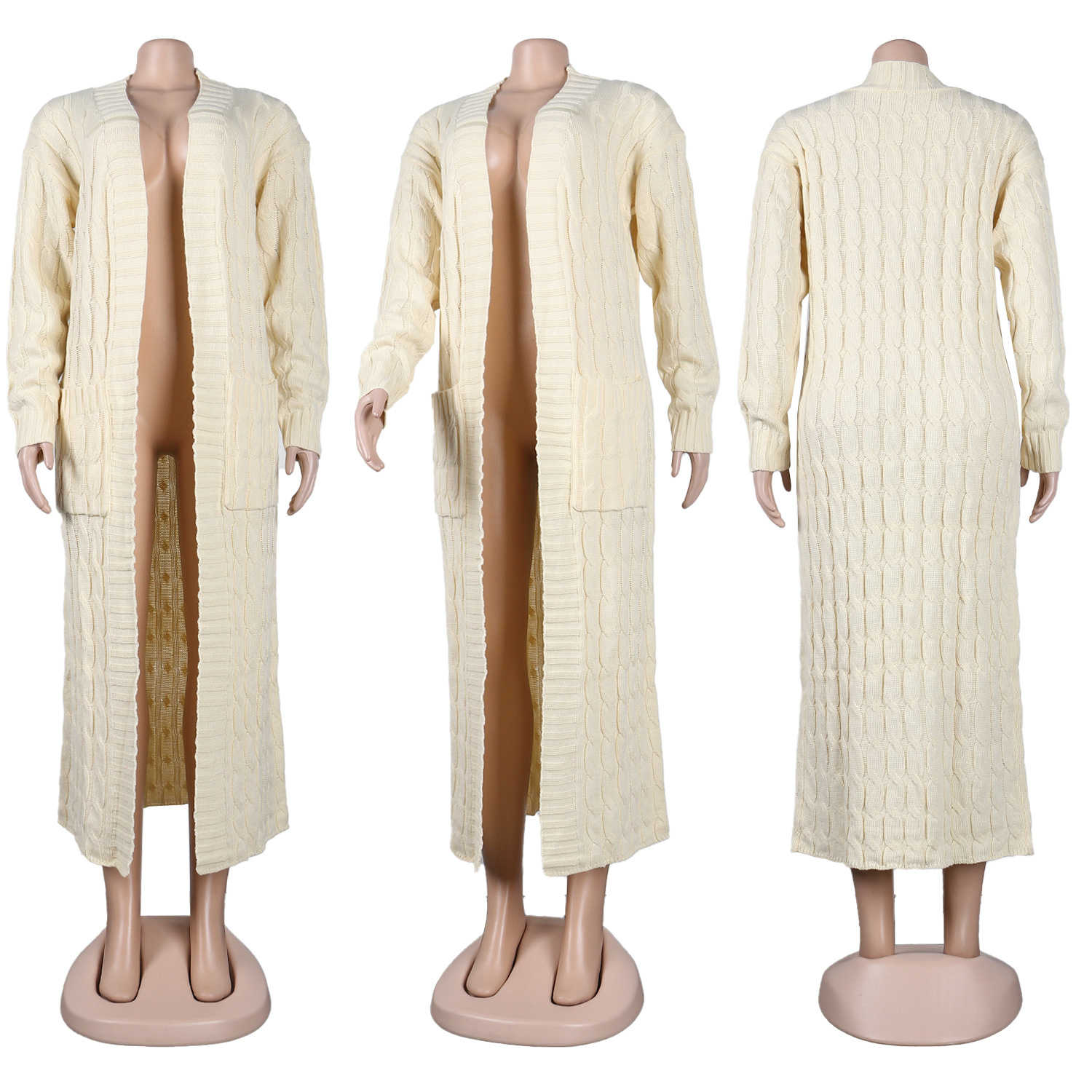 Damen Strickjacke Lang Aus Grobstrick In Unifarben Wintermantel_voghion.com