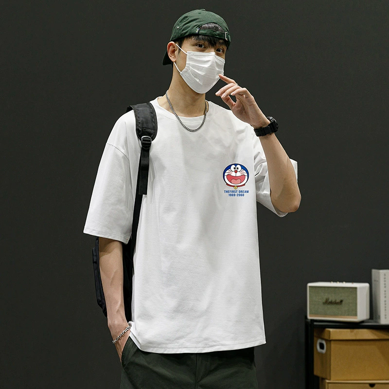 Новый популярный летний продукт, футболка с короткими рукавами и принтом Doraemon, мужская свободная футболка с круглым вырезом, модная американская свободная футболка