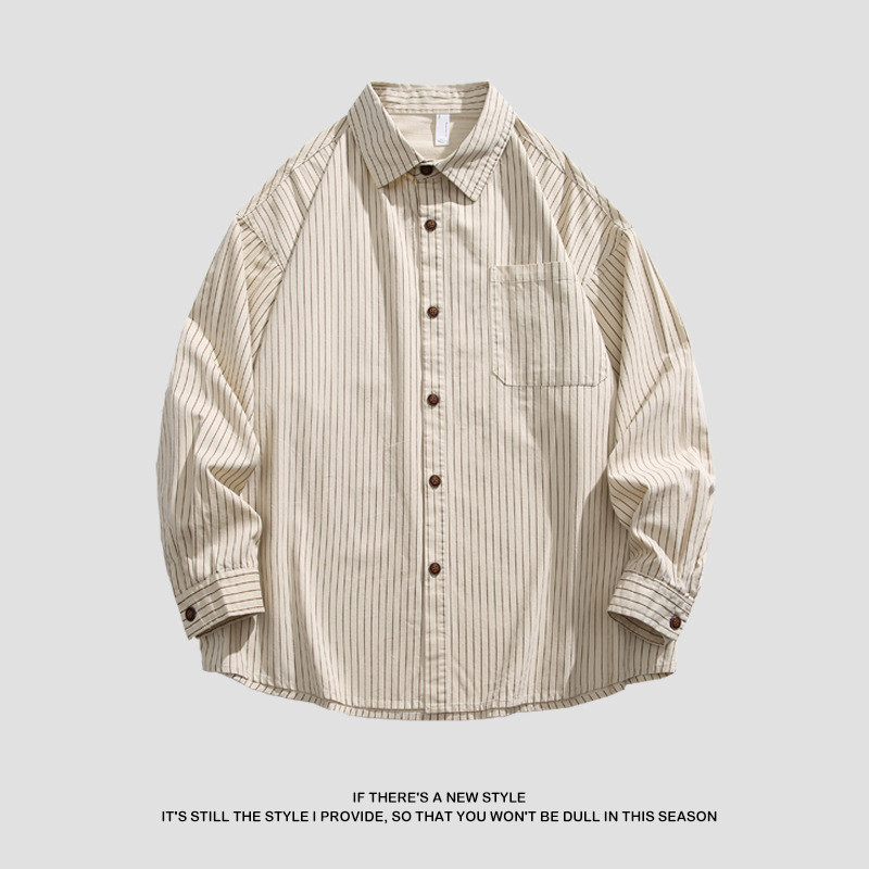 2025春秋新作 純綿ウォッシュドストライプシャツ メンズ ゆったりカジュアル長袖シャツ 工場直販