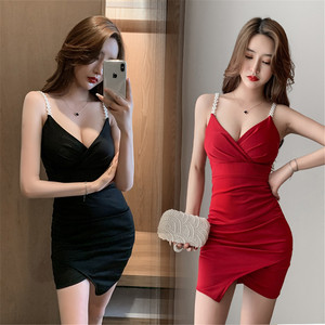 Nightclub sexy pleated deep V-neck low chest open back slit Pullover hip skirt underdress suspender dress