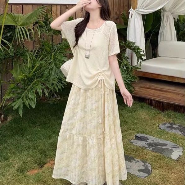 Plus-Size Women's Clothing for Fat Girls, Korean-Style Camisole, Knitted Short-Sleeved Skirt, 2026 Summer Slimming Fashion Suit Plus-Size Women's Clothing for Fat Girls, Korean-Style Camisole, Knitted Short-Sleeved Skirt, 2026 Summer Slimming Fashion Suit