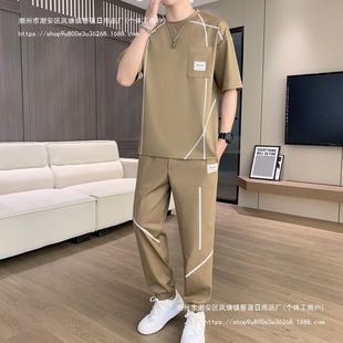 2025 New Ice Silk Short-Sleeved T-Shirt Men's Casual Sports Suit Summer Trendy Brand Summer Men's Trousers Complete Set
