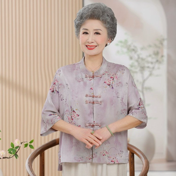 Маминая летняя новая модная футболка в китайском стиле, маленькая рубашка для мам среднего и пожилого возраста, тонкая верхняя рубашка в китайском стиле, уменьшающая возраст