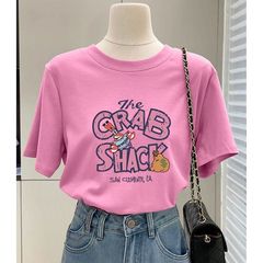 蜜桃粉色t恤女短袖2025新款夏季字母卡通大版宽松显瘦纯棉上衣