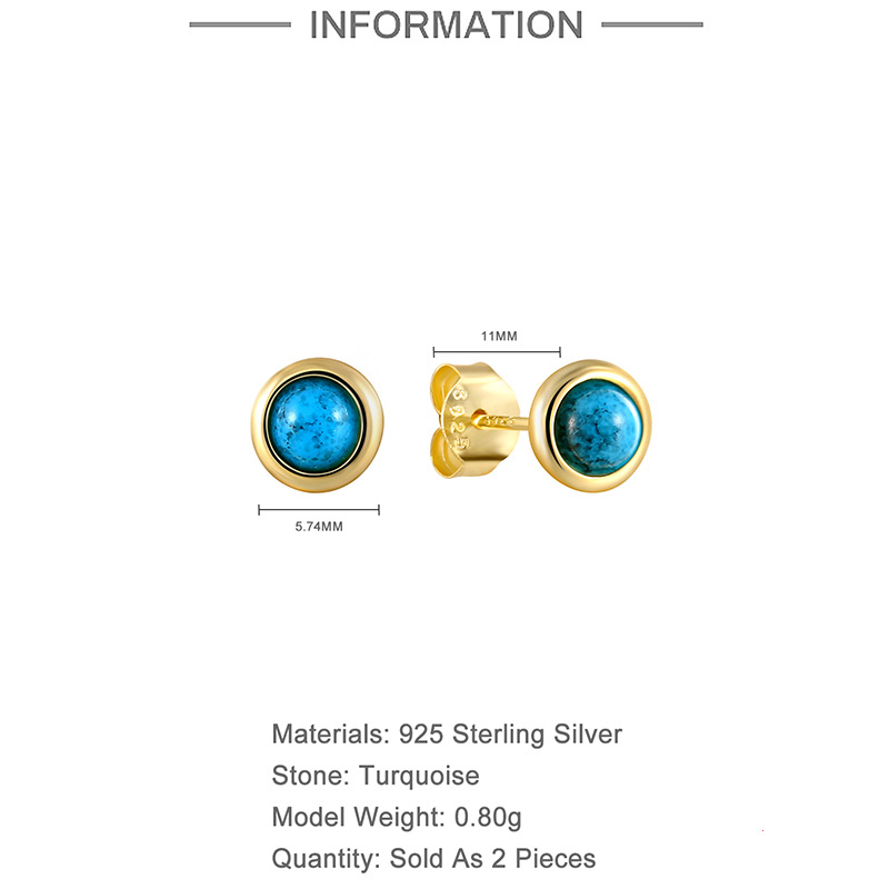 1 Paire Style Simple Rond Ovale Placage Incruster Argent Sterling Turquoise Boucles D'Oreilles display picture 1