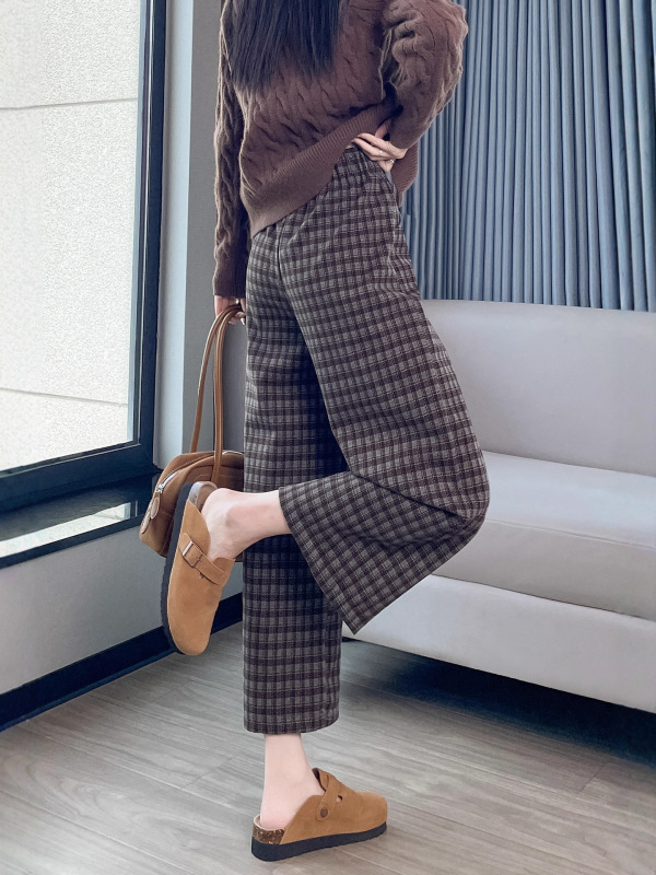 格子高级感毛呢直筒裤女秋冬新款高腰显瘦垂感磨毛休闲阔腿裤7251|undefined