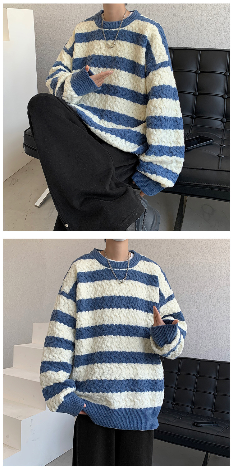 Men's Striped Sweater For Men Oversized Crew Neck Knit Jumper_voghion.com
