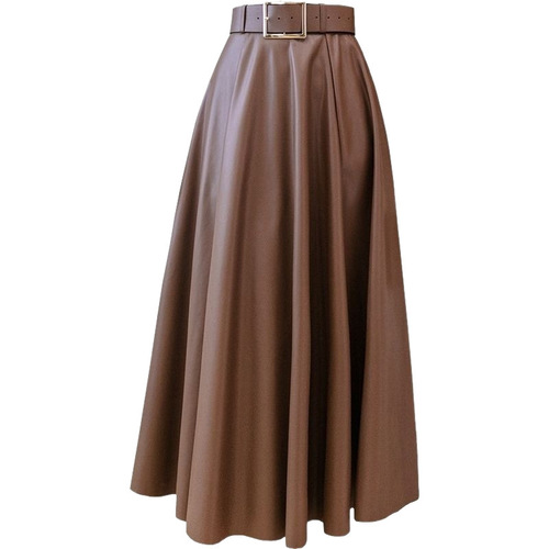 Coffee color leather skirt, new high-waisted pleated skirt, women's spring and autumn mid-long hip long dress