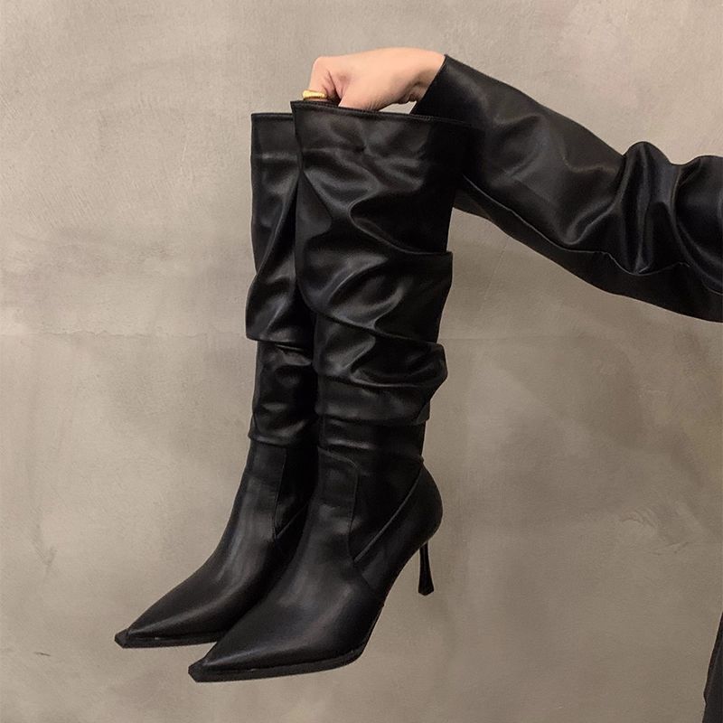 Soft Leather High-Heeled Shoes for Women, Spring and Autumn, Thin Heel, Stacked Boots, 2026 New Model, Calf-Slimming Pointed Toe Long Boots, Women's Fleece-Lined