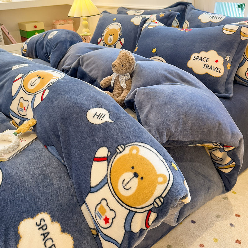 Invierno de coral cubierta de edredón de una sola pieza de invierno de peluche de doble cara de peluche de leche de cuatro piezas de cubierta de edredón de una sola persona engrosada