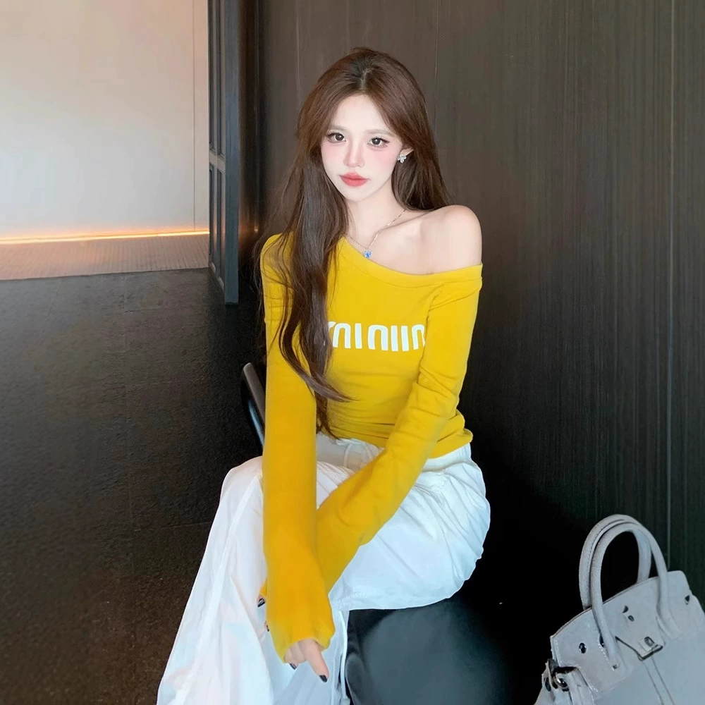 Американский прилив желтый диагональный воротник с длинными рукавами футболка женская осень новая буква с принтом тонким дизайном куртка