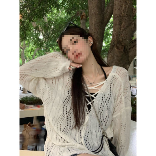 Hollow Strap Knit Sweater for Women - Spring/Summer 2025, Loose Fit White Long-Sleeve Design-Oriented Unique Top