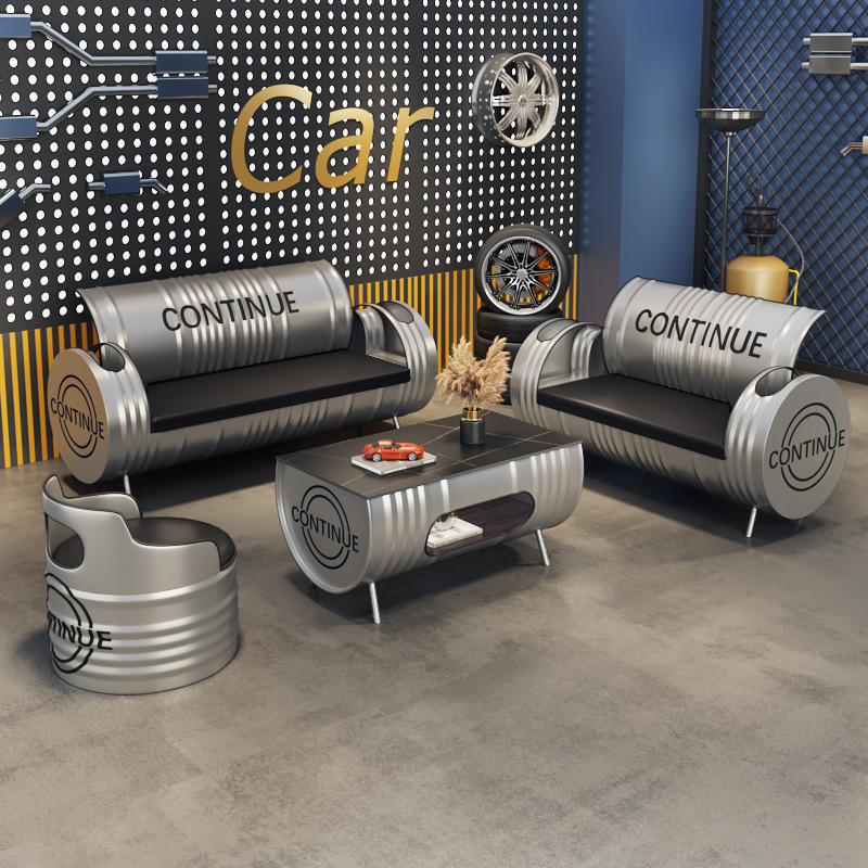 Industrial Style Office Sofa Waiting Area Reception Studio Reception Personalized Creative Oil Barrel Coffee Table Combination