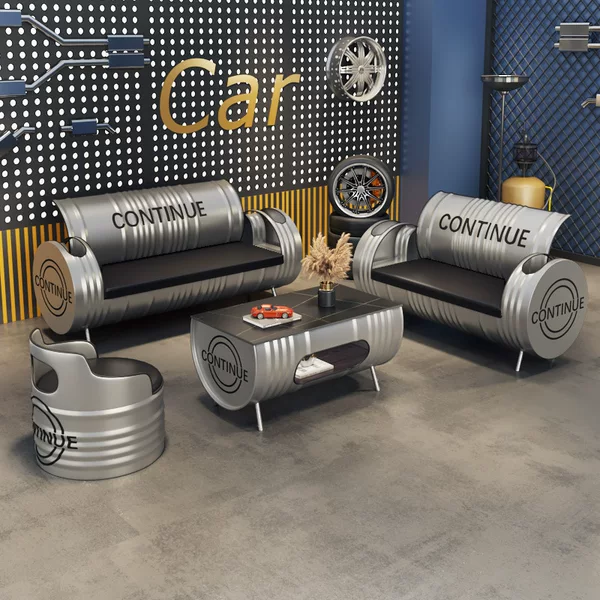 Industrial Style Office Sofa Waiting Area Reception Studio Reception Personalized Creative Oil Barrel Coffee Table Combination