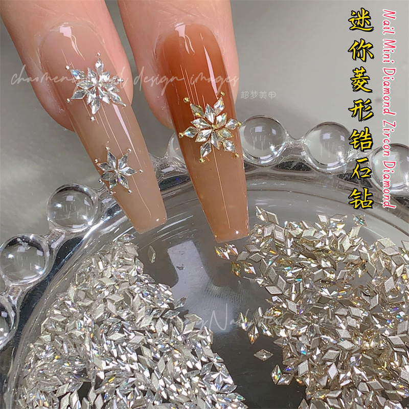 Sparkling Mini Flat-Bottomed Rhombus-Shaped Zircon Nail Art Decorations 2026 New Model Spliced Wheat Ear Snowflake Nail Rhinestone Accessories