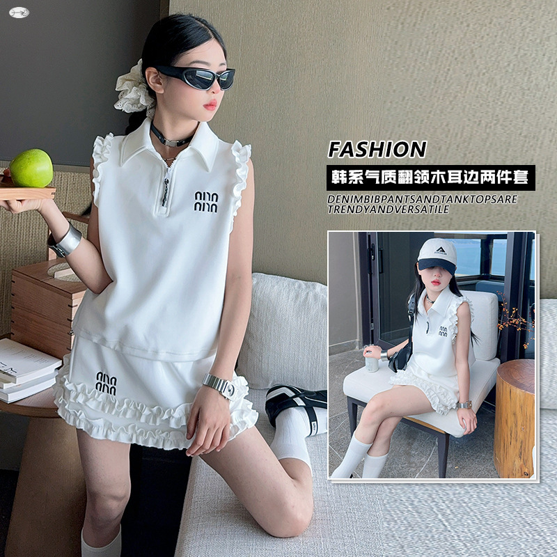 女童白色POlO领花边无袖套装2025夏季新款小女孩木耳边短裙两件套