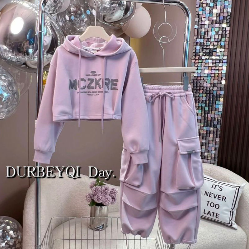 Abbigliamento per bambini Abiti autunnali per bambine Primavera e autunno nuovi gilet in stile con lettere felpe con cappuccio e pantaloni vestito in due pezzi_voghion.com