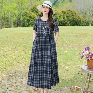 2025夏季棉绸连衣裙新款可外穿女碎花圆领显瘦复古长裙大码连衣裙