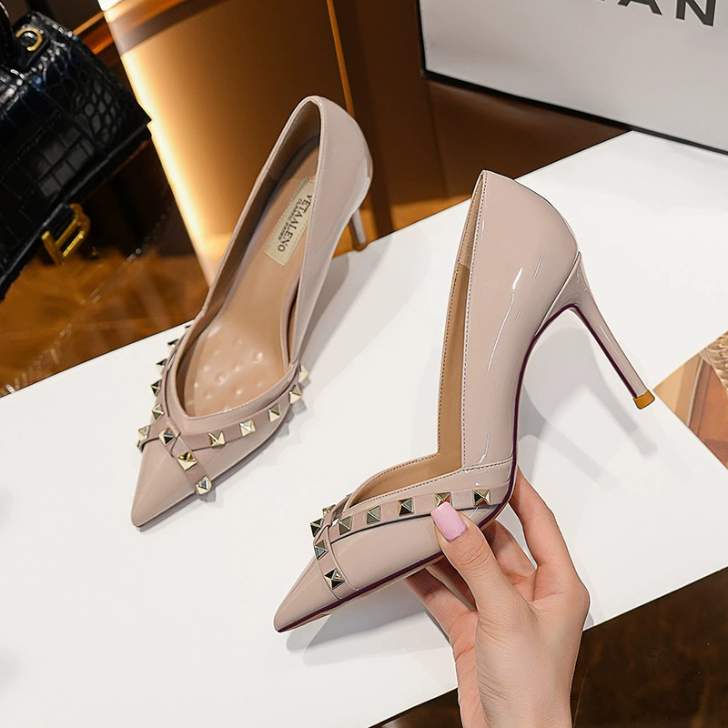 2024 новые заклепки остроконечные обнаженные высокие каблуки женские сексуальные одиночные туфли