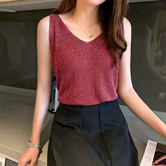 Korean version of camisole for women in spring and summer, bright silk bottoming shirt, ice silk knitted v-neck sexy tight top for outer wear
