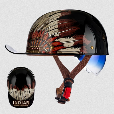 Motosiklet kaskı (dəbilqə) — Helmet, Retro Half Helmet, Flip-Up Helmet - rw03s-black-feather-with-blue-lens-m-size-53-54cm
