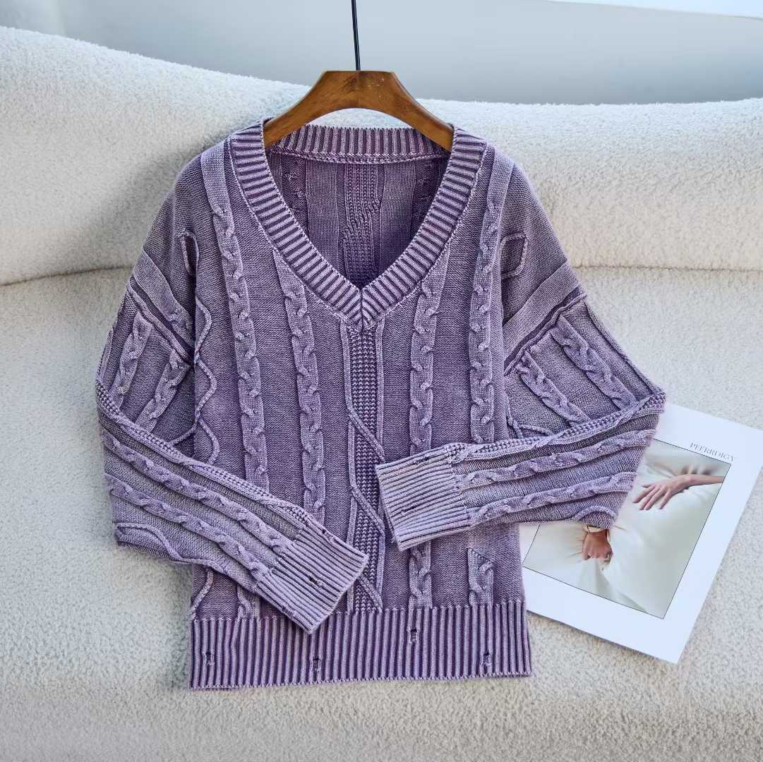 Coreano retro torcido cuello en V manga larga camiseta de punto suelta nuevo otoño y invierno hacer viejos agujeros suéter mujer ropa exterior image 9